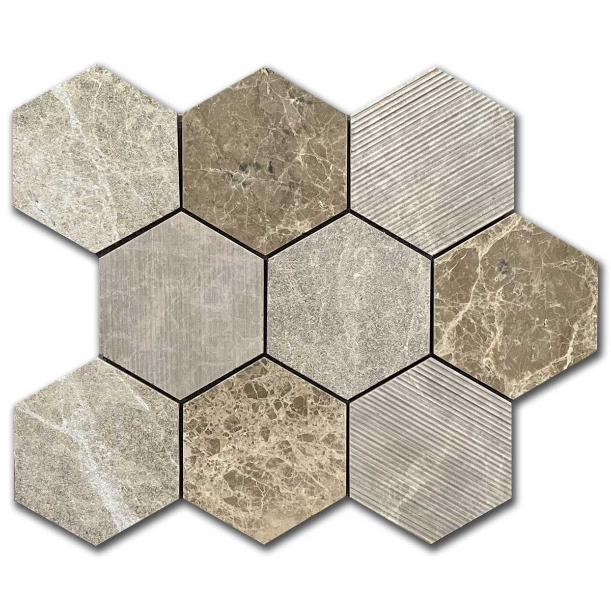 мозайка Емперадор Хексагон Мултифиниш – Мрамор 10x10 см | Ексклузивен Естествен Камък