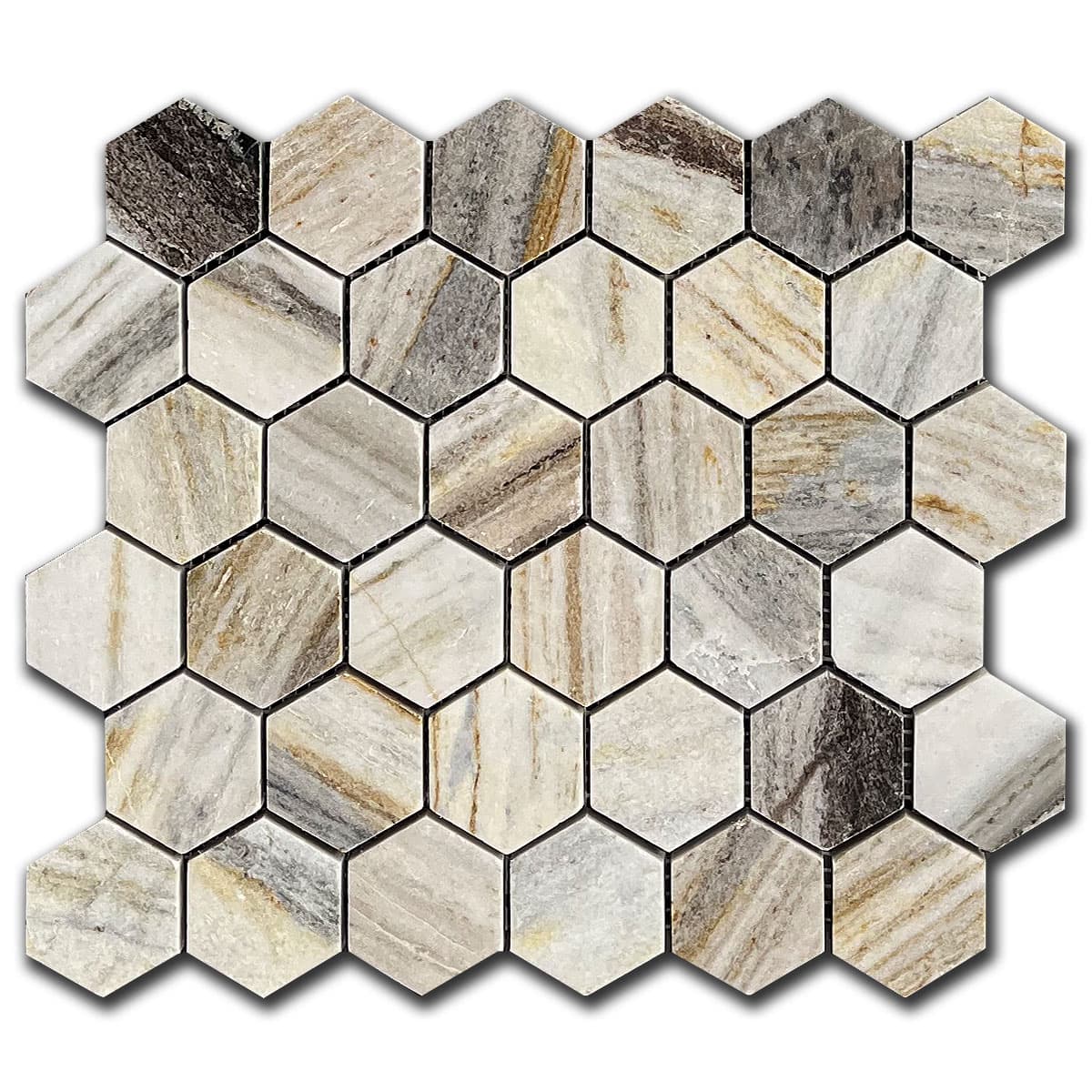 мозайка Палисандро Голд Хексагон – Полиран Мрамор 5x5 см | Ексклузивен Естествен Камък